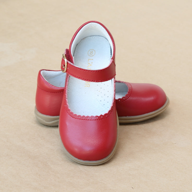 L'Amour Girls Red Chloe Scalloped Trim Leather Mary Janes - Classic Christmas Red