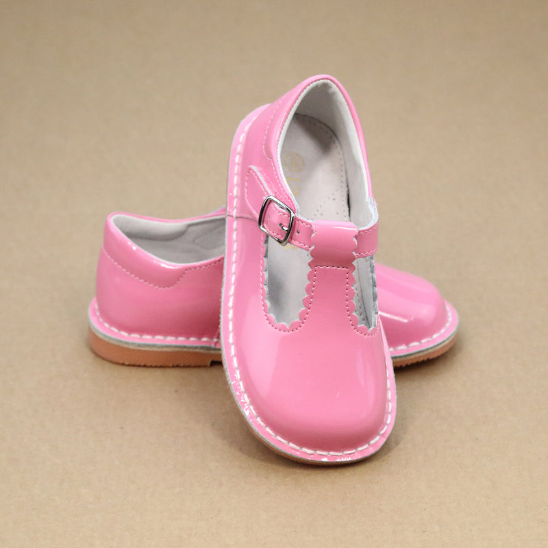 L'Amour Girls Selina Patent Malibu Pink Scalloped T-Strap Leather Mary Janes - Petitfoot.com