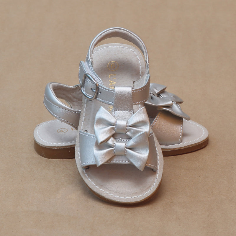 L'Amour Girls Serena Silver Double Bow Open Toe Leather Sandal - Petitfoot.com