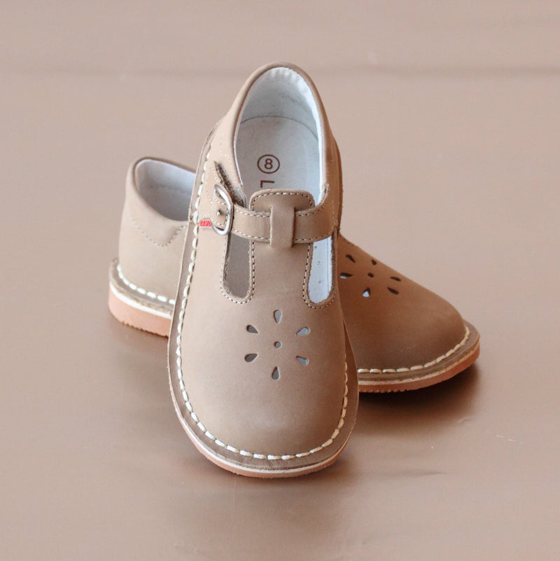 L'Amour Girls Nubuck Khaki T-Strap Leather Cut Out Mary Janes
