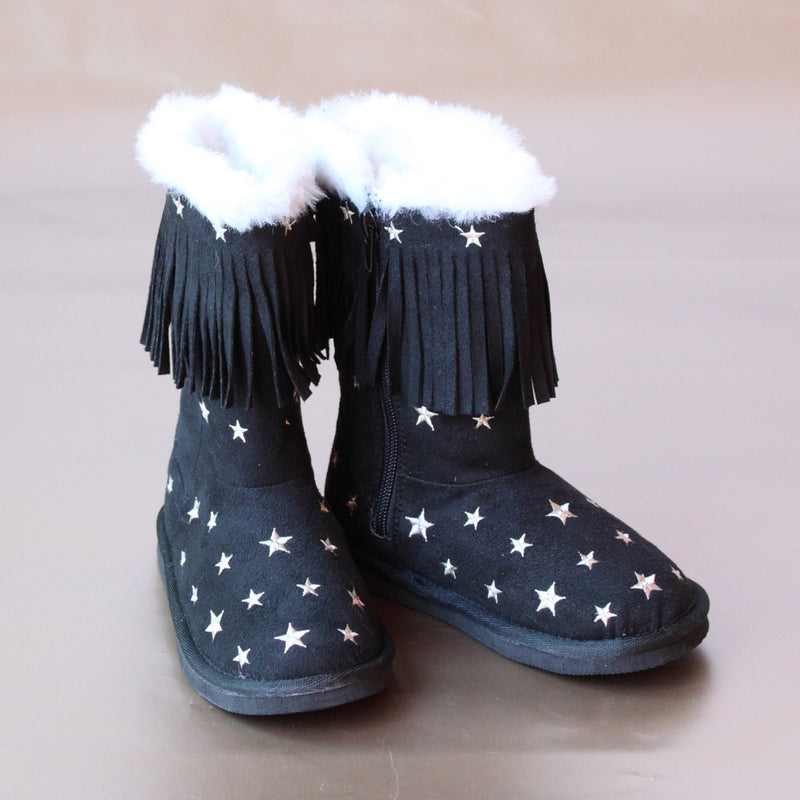 L'Amour Girls Star Embroidered Black Fringe Boot