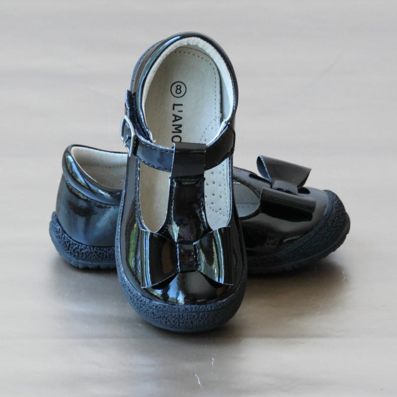 L'Amour Girls Patent Black Stitched Bow Mary Jane