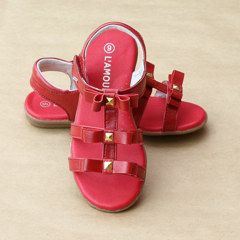 L'Amour Girls Red Studded Bow Sandal - Petitfoot.com