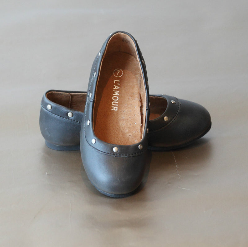 L'Amour Girls Black Studded Leather Flat