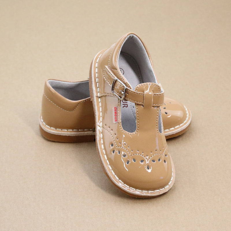 Girls Embroidered Patent Toffee T-Strap Stitch Down Mary Jane by L'Amour - Petitfoot.com