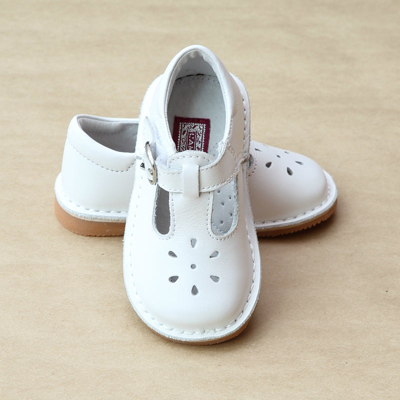 L'Amour Girls White T-Strap Leather Cut Out Mary Janes - Petitfoot.com