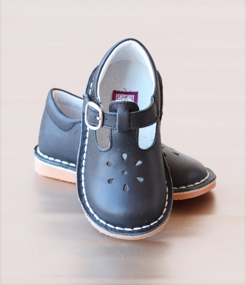 L'Amour Girls Black T-Strap Leather Cut Out Mary Janes