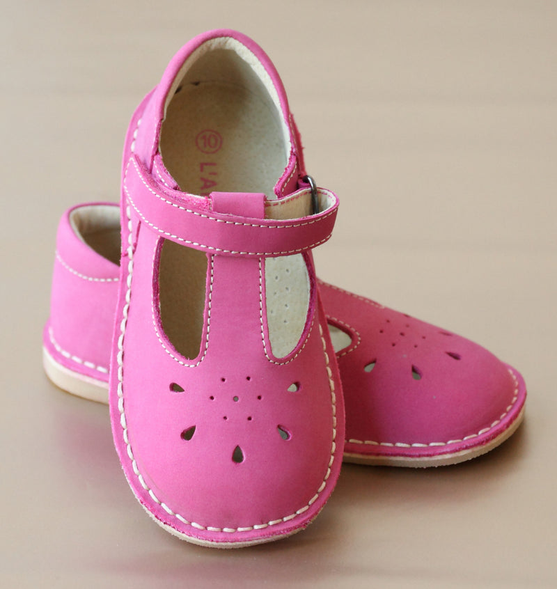 L'Amour Girls T-Strap Nubuck Fuchsia Leather Classic Mary Janes