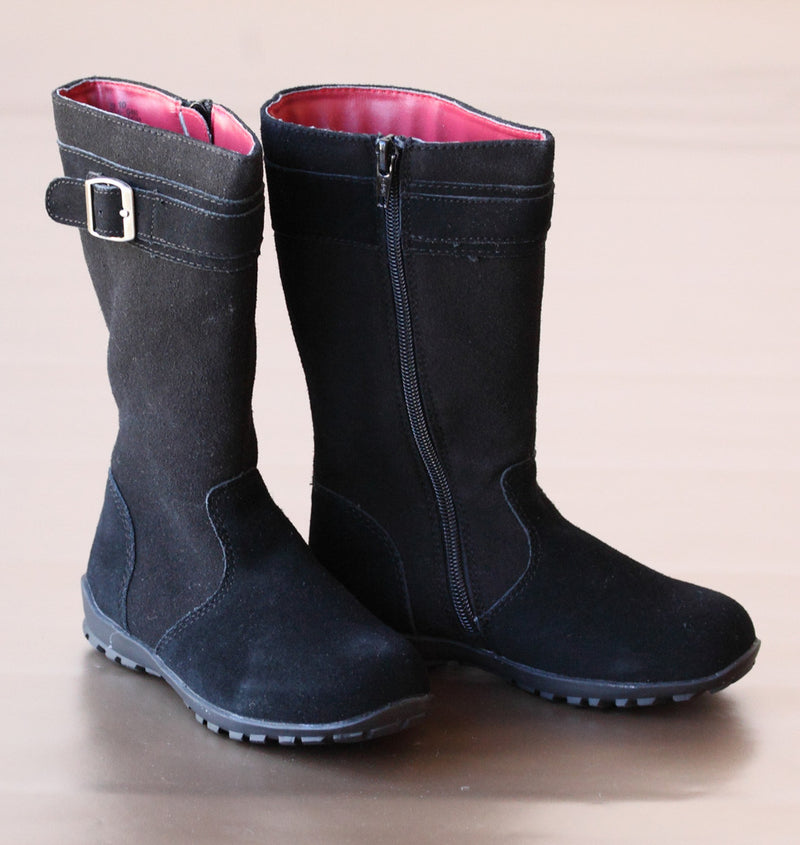 L'Amour Girls Black Tall Leather Buckle Boots