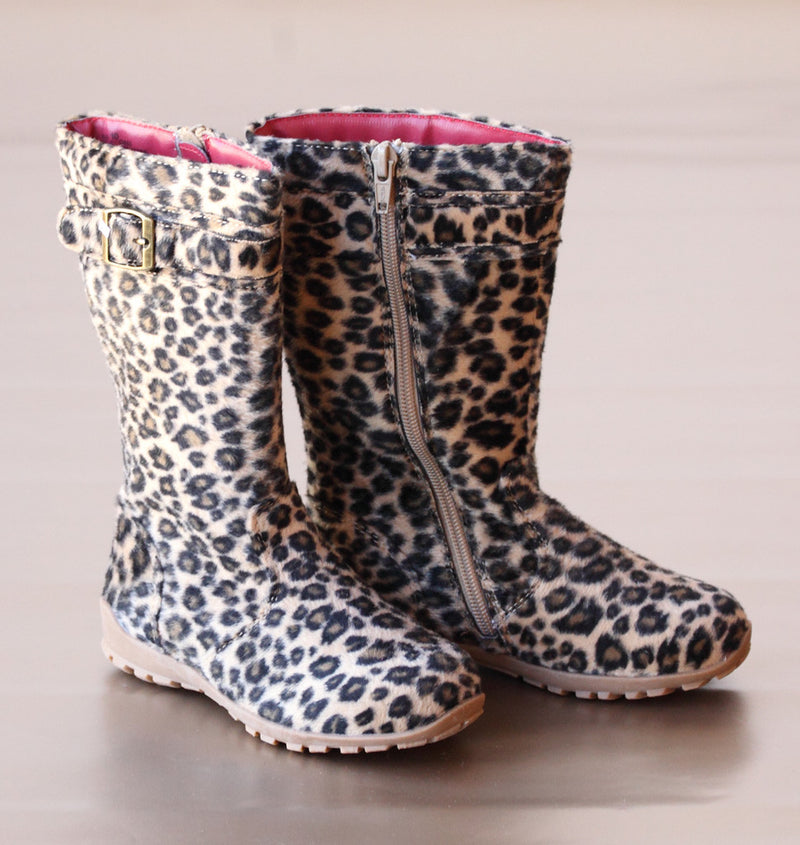 L'Amour Girls Leopard Tall Leather Buckle Boots