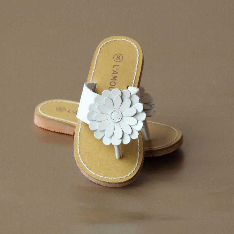 L'Amour Girls White Tonal Gerbera Leather Thong Sandal