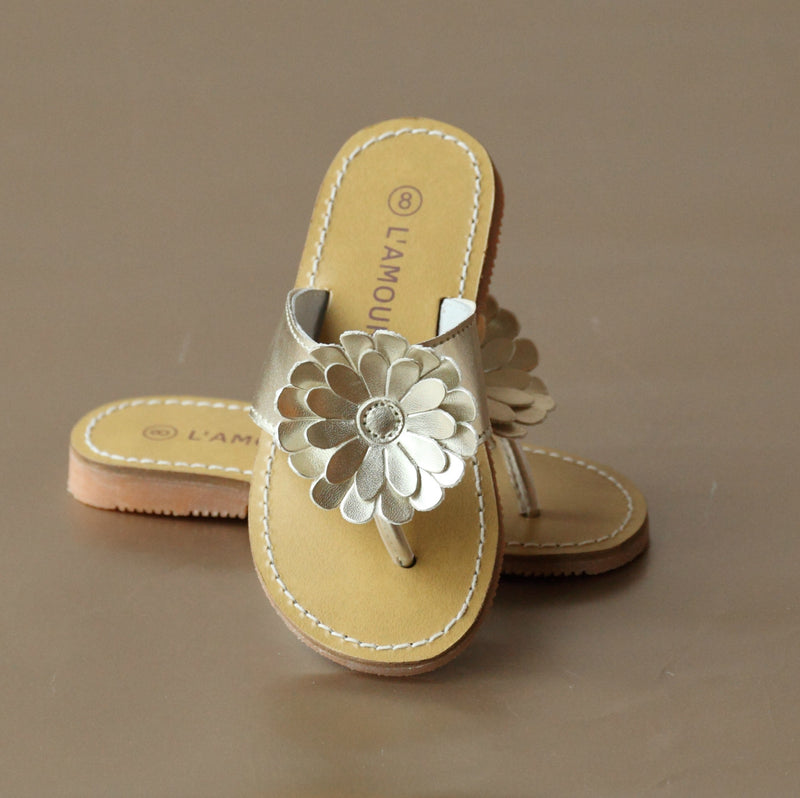 L'Amour Girls Gold Tonal Gerbera Leather Thong Sandal