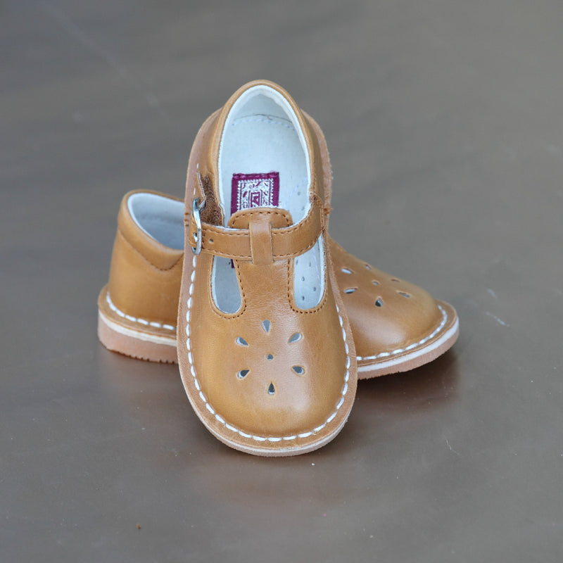 L'Amour Girls T-Strap Brown Leather Cut Out Mary Janes - Petitfoot.com