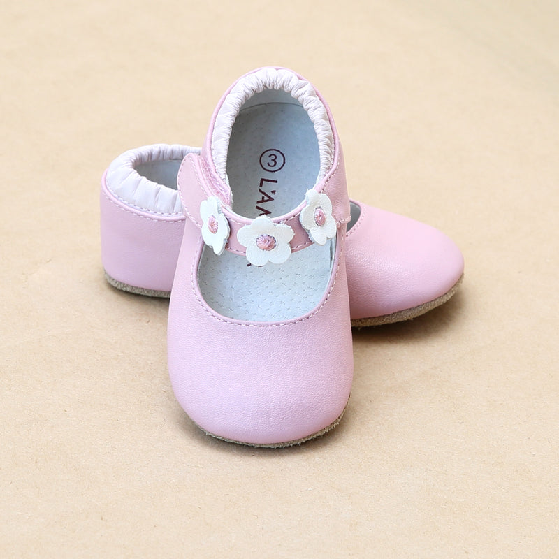 L'Amour Infant Girls Pink Flower Strap Leather Mary Jane - Petit Foot