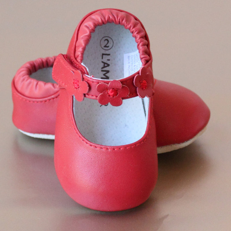 L'Amour Infant Girls Red Flower Strap Leather Mary Jane