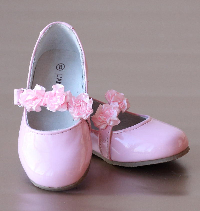 L'Amour Patent Pink Flower Girl Flats with Flower Appliques at Strap