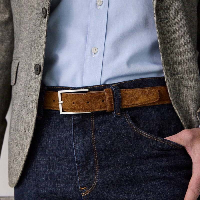 model wearing the Belt in Grizzly brown suede with dress shirt and jeans