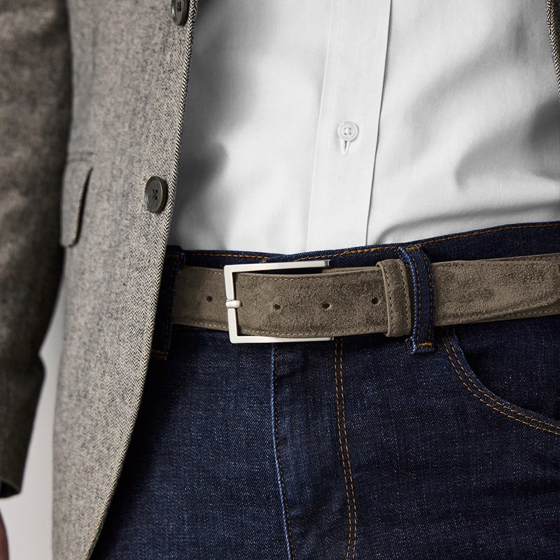 model wearing the Belt in Slate grey suede with dress shirt and jeans
