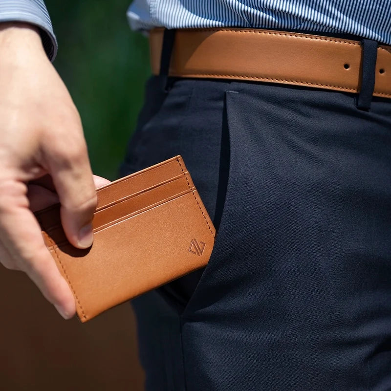 Full-Grain Leather Wallet in Honey showed with matching belt