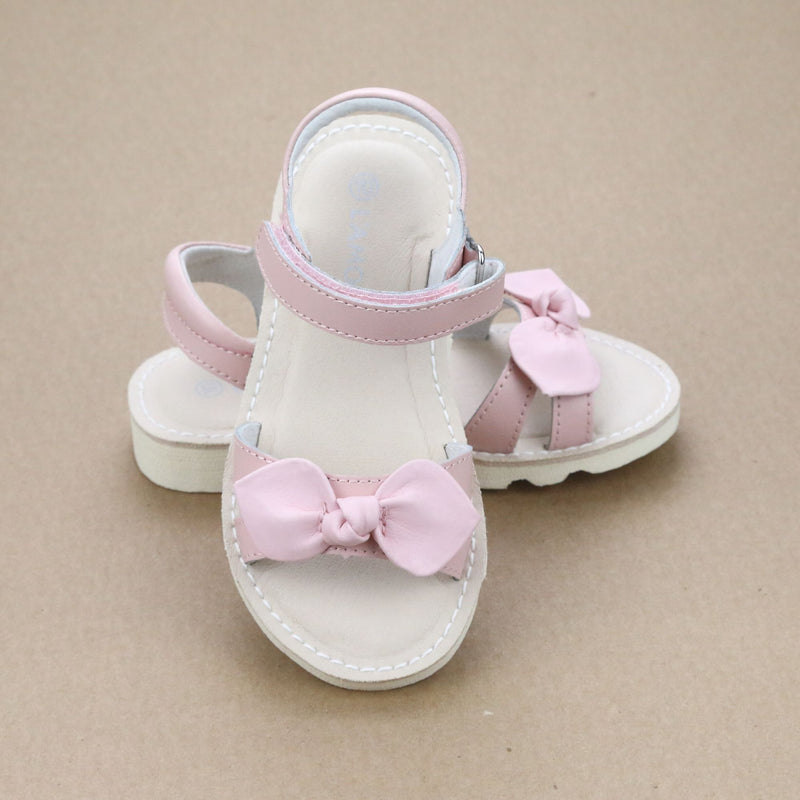 L'Amour Girls Leigh Pink Leather Knotted Bow Sandal With EVA Wedge Outsole - Petit Foot.com