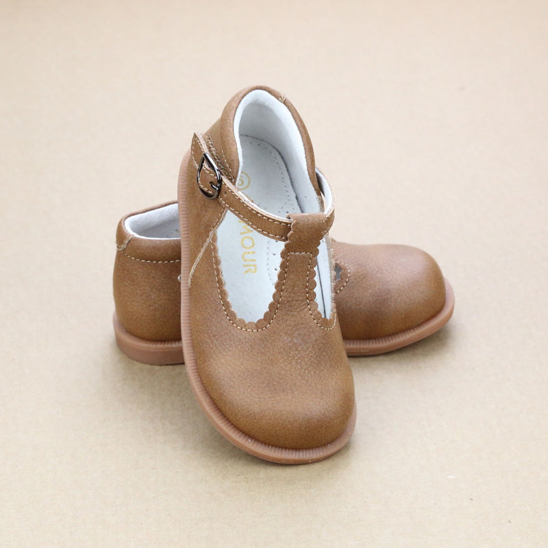 Louise Chestnut Scalloped T-Strap Mid Top Mary Janes for Toddler Girls