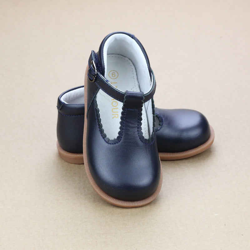 Louise Navy Scalloped T-Strap Mid Top Mary Janes for Toddler Girls