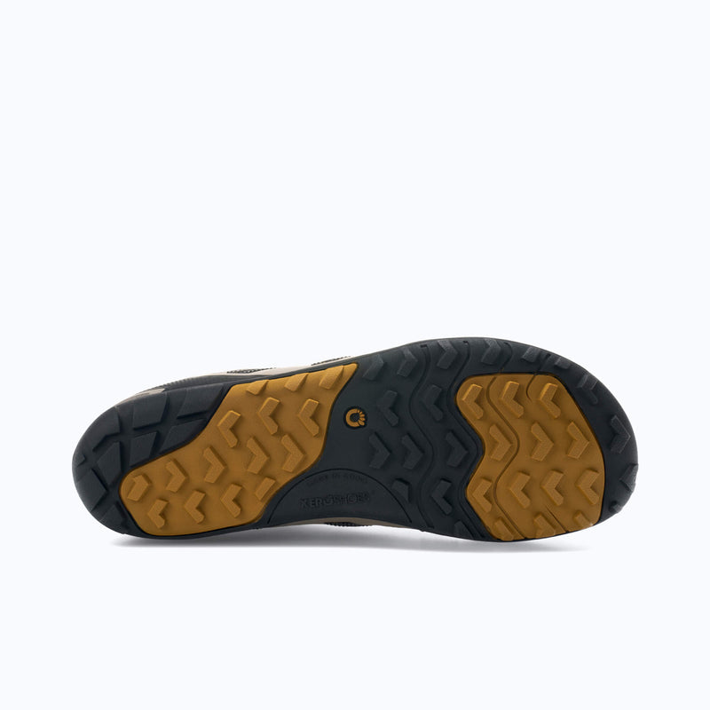 Xero Shoes Mesa Trail II - Men Shoe in Fallen Rock/Black Colorway with Two-Tone Black and Mustard Outsole Facing Back and The Toe Facing Right.