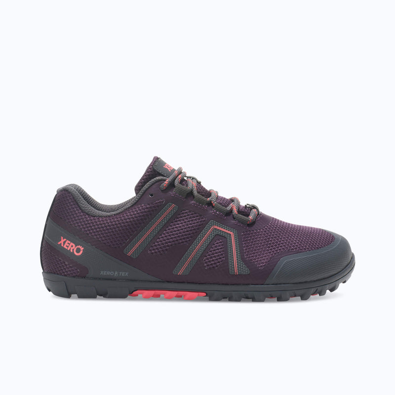 Xero Shoes Mesa Trail WP Women Shoe in Purple, Gray, and Pink With Toe Facing Right