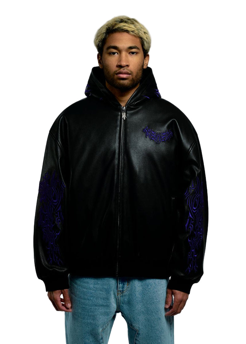 METAL EMBROIDERED LEATHER PADDED BOMBER BLACK/PURPLE