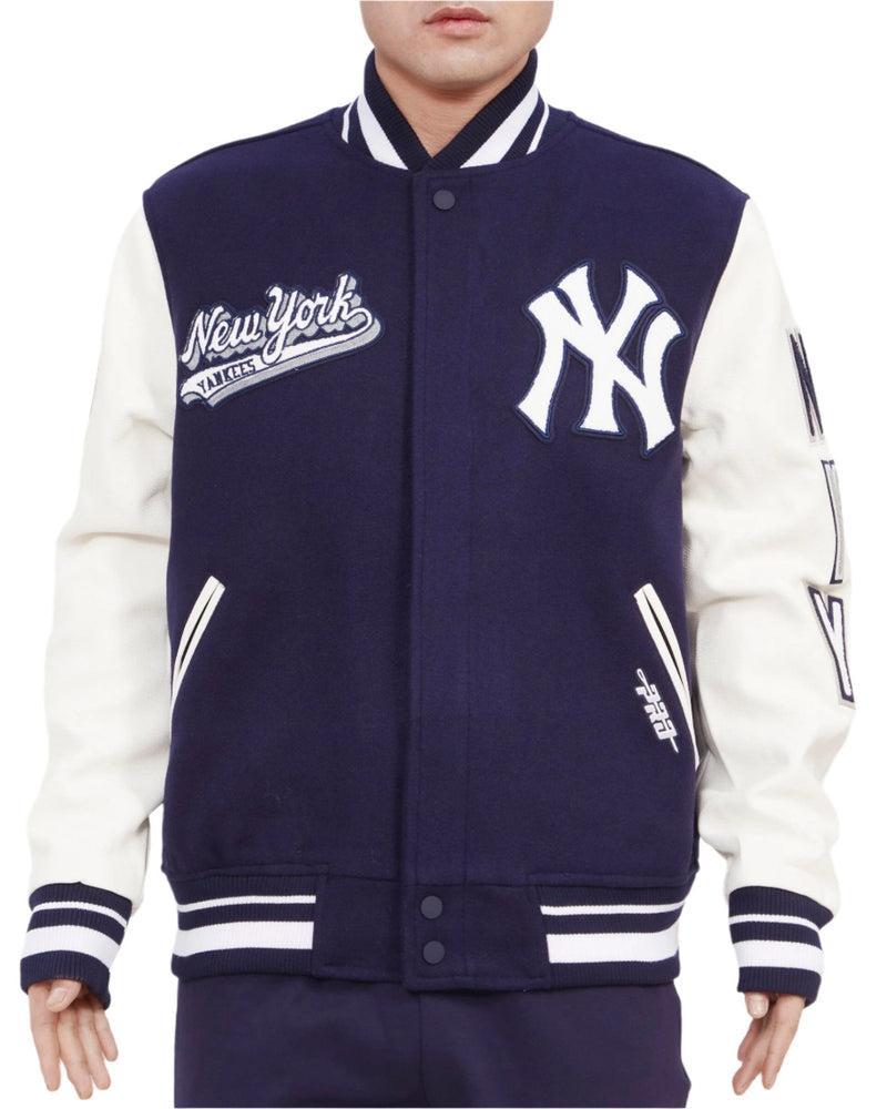 NEW YORK YANKEES SCRIPT TAIL RIB WOOL VARSITY JACKET