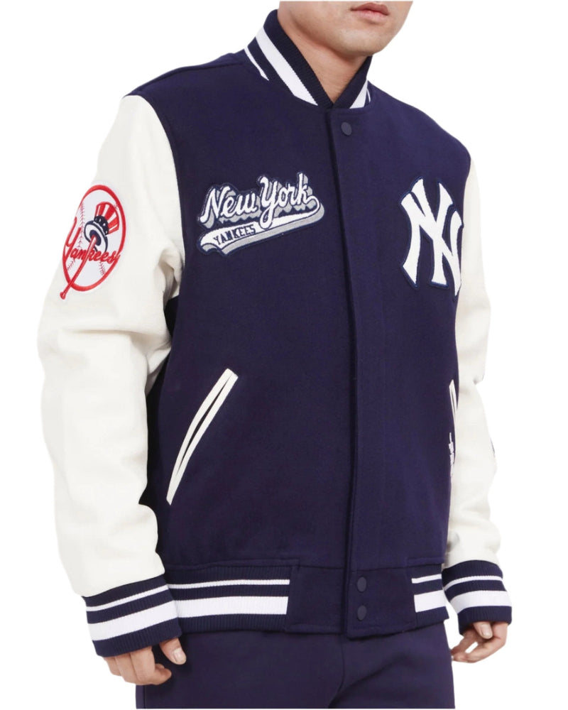 NEW YORK YANKEES SCRIPT TAIL RIB WOOL VARSITY JACKET