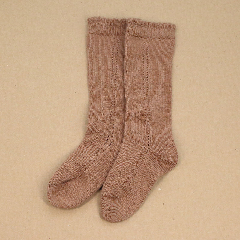 Girls Milk Chocolate Openwork Knee Sock - L'Amour Shoes