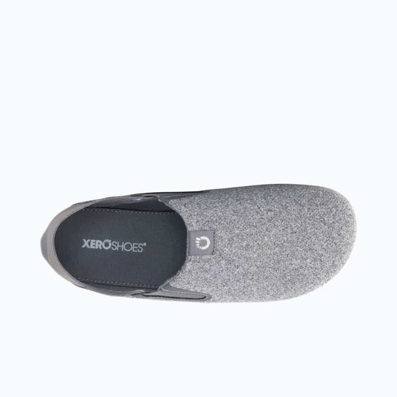 Top View of Xero Shoes Pagosa Men Slipper in Light Gray with Toe Facing Right