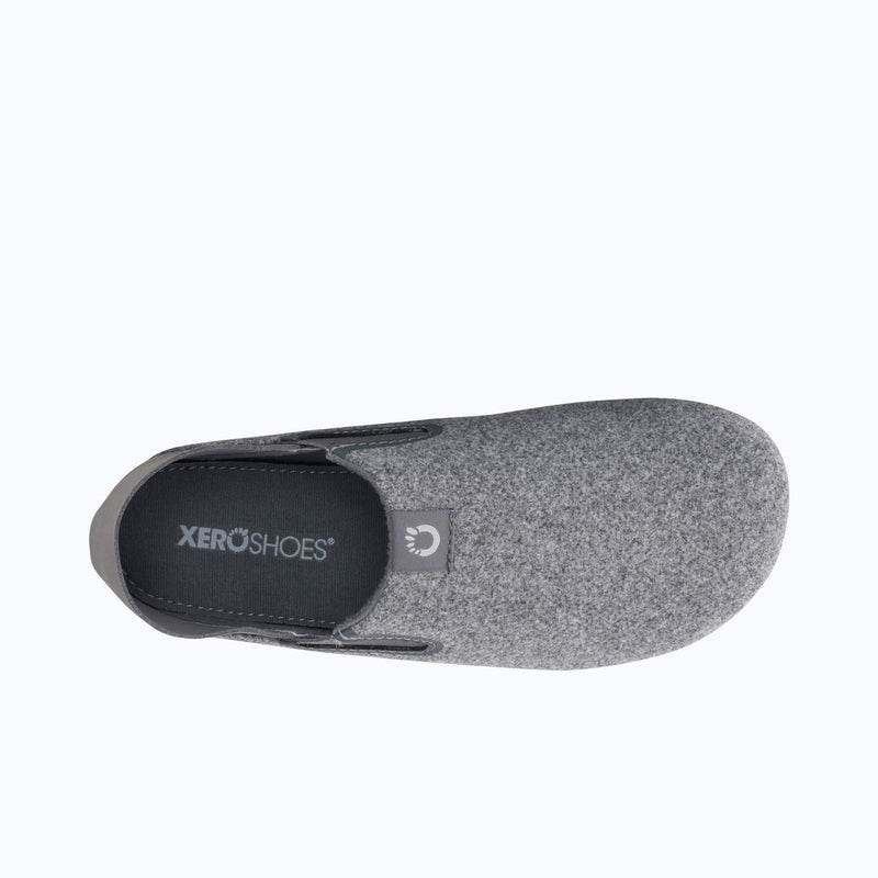 Top View of Xero Shoes Pagosa Women Slipper in Light Gray with Toe Facing Right