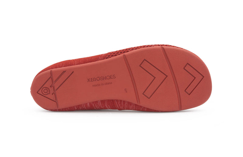 Xero Shoes Phoenix Knit Women Shoe Outsole in Red with Toe Facing Right