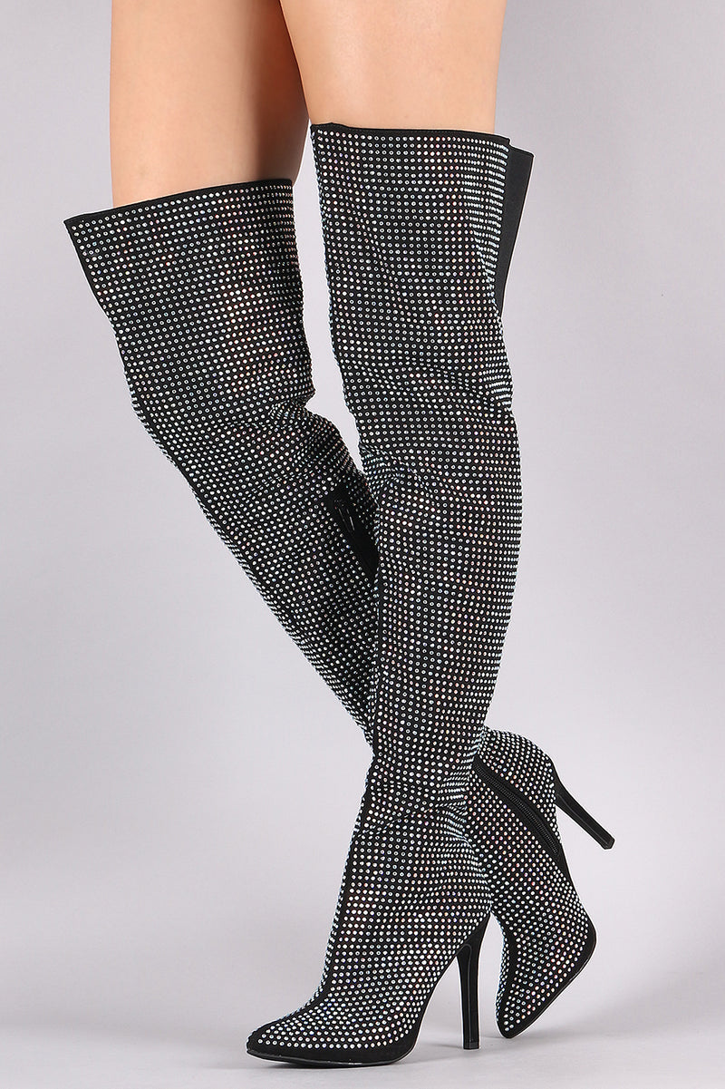 Pledge-28 - Anne Michelle Rhinestone Accent Pointy Toe Stiletto Heeled Boots - ShoeFad