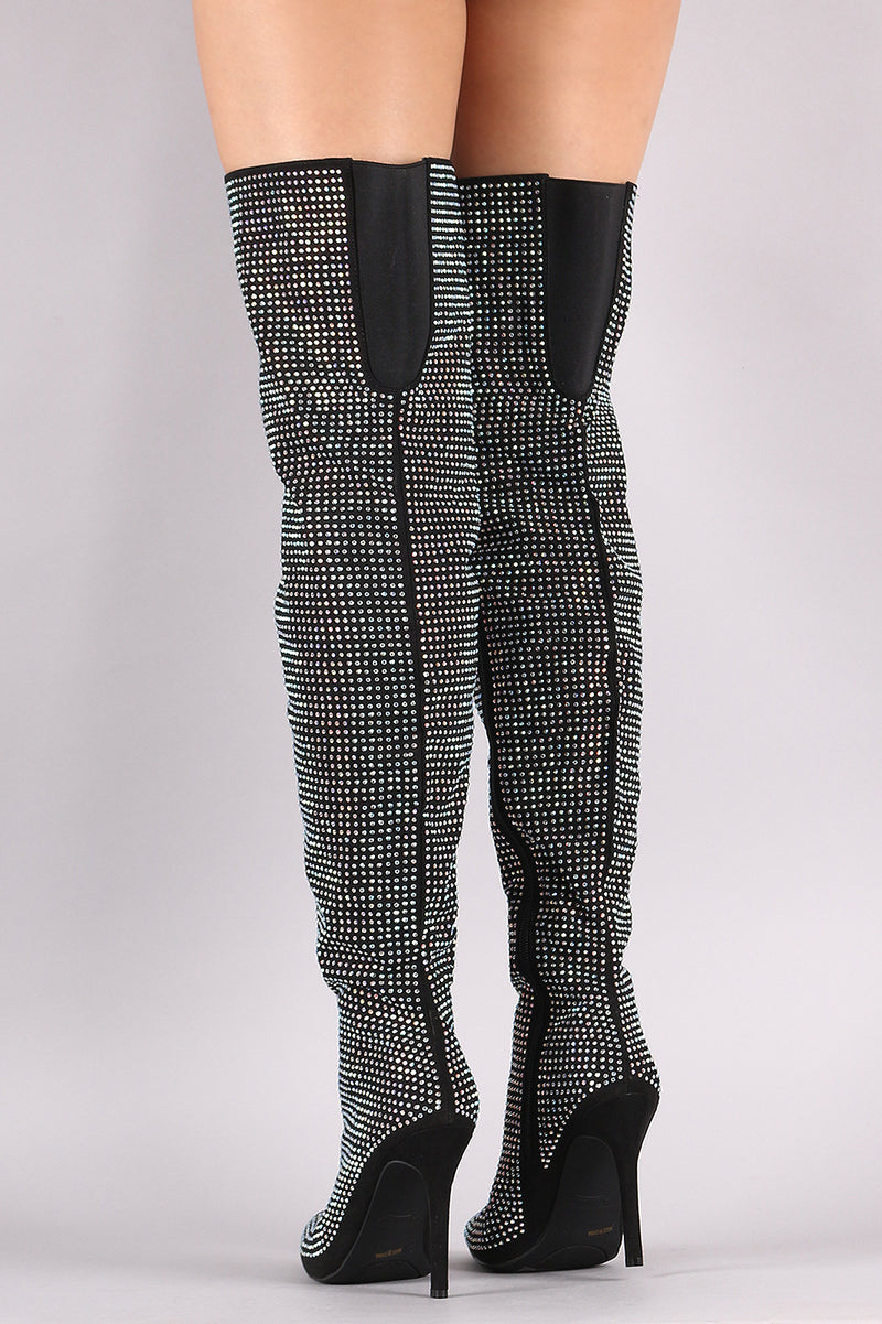 Pledge-28 - Anne Michelle Rhinestone Accent Pointy Toe Stiletto Heeled Boots - ShoeFad