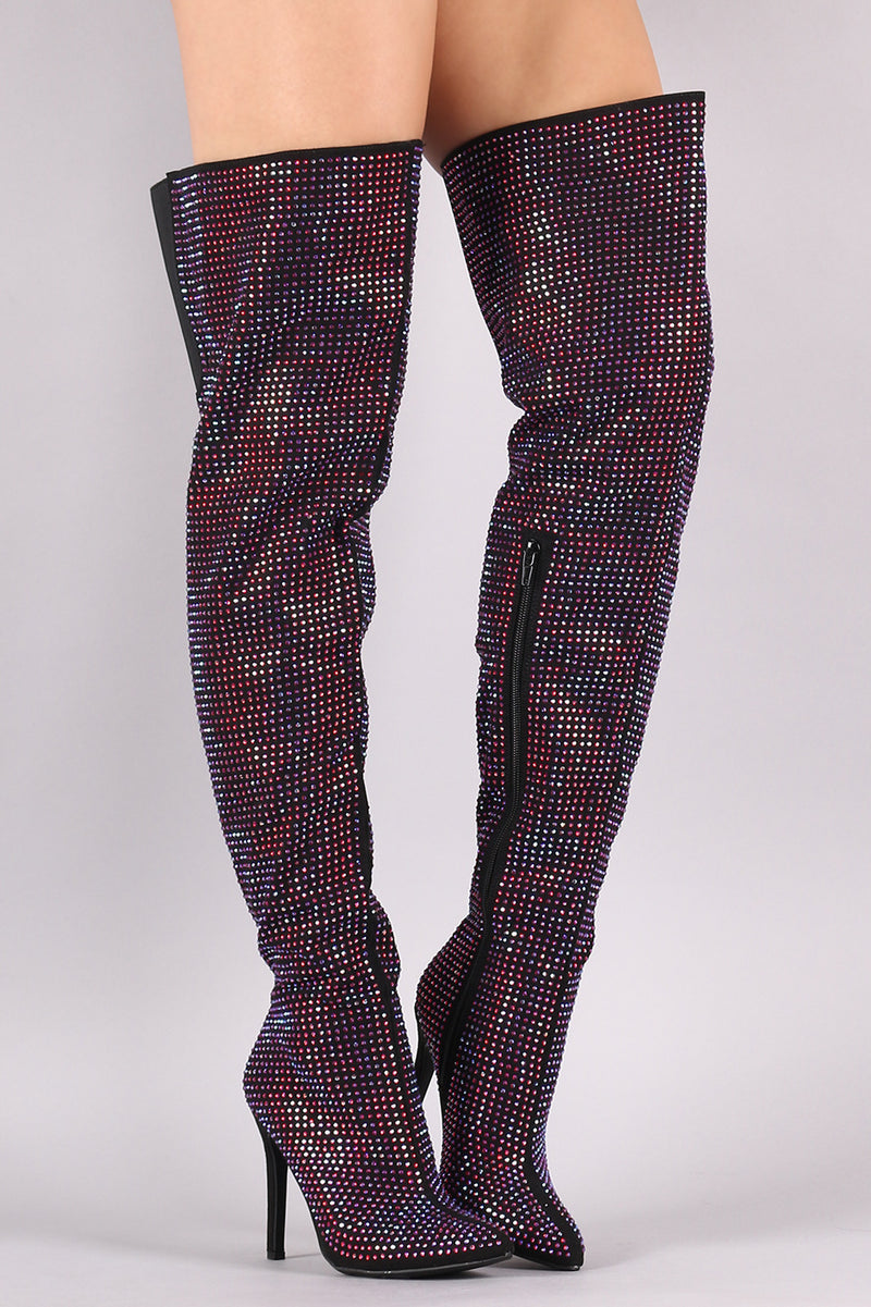 Pledge-28 - Anne Michelle Rhinestone Accent Pointy Toe Stiletto Heeled Boots - ShoeFad
