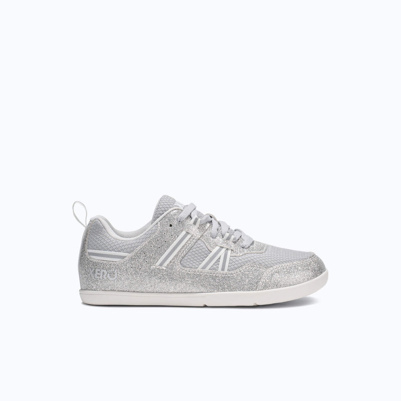 Xero Shoes Prio Big Kids Shoe in Silver Glitter with Toe Facing Right