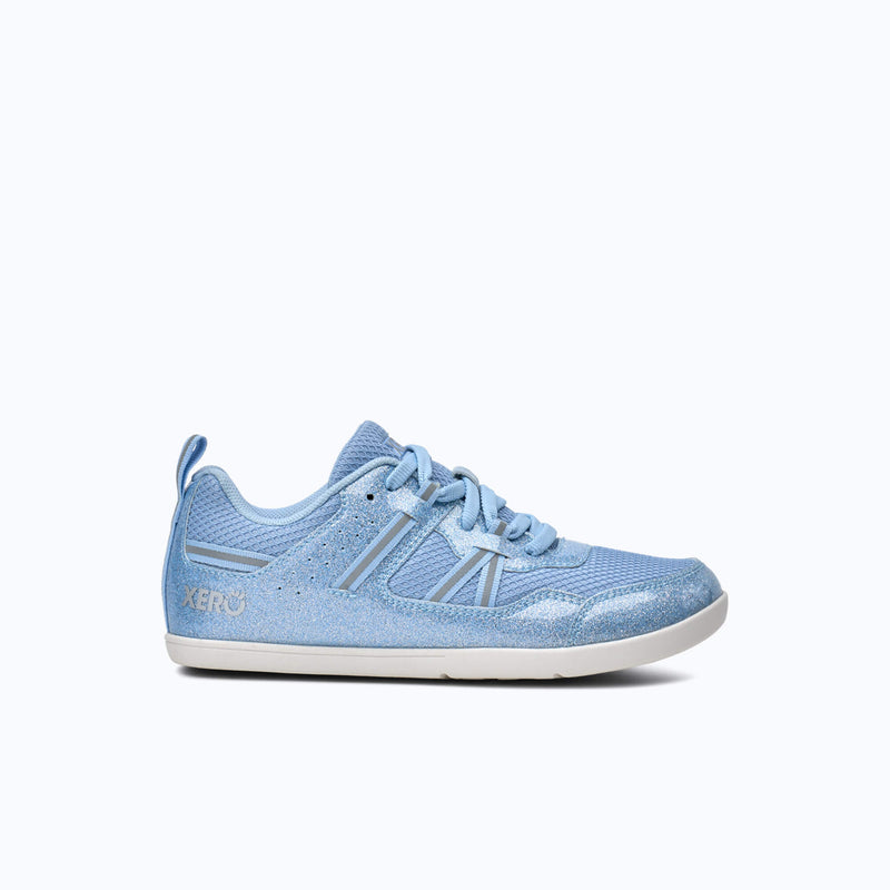 Xero Shoes Prio Big Kids Shoe in Light Blue Glitter with Toe Facing Right