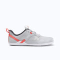 Xero Shoes Prio Coast Women Shoe in Light Gray with Red Strap that Loop Across the Side, Toe Facing Right