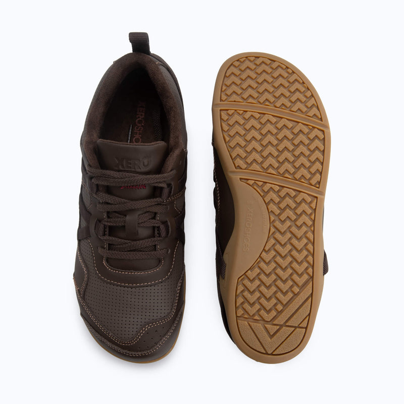 Xero Shoes Prio Leather Men Shoe in Dark Brown Top View, One Facing Down, One Light Brown Outsole Visible