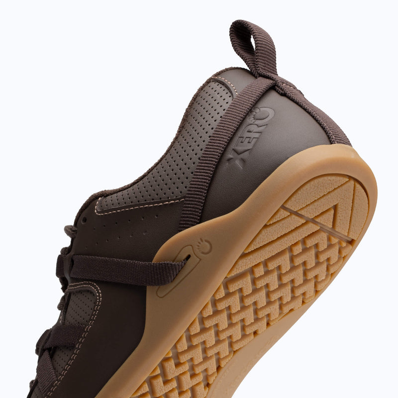 Xero Shoes Prio Leather Men Shoe in Dark Brown With Toe Facing Bottom Left