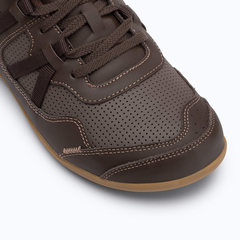 Xero Shoes Prio Leather Men Shoe in Dark Brown With Toe Facing Bottom Right