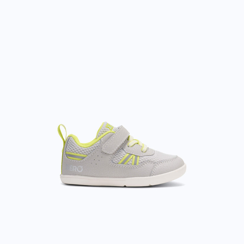 Xero Shoes Prio Little Kids Sneaker at Light Gray and Yellow with Toe Facing Right
