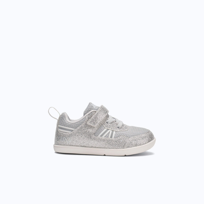 Xero Shoes Prio Little Kids Sneaker at Silver Gray and White with Toe Facing Right