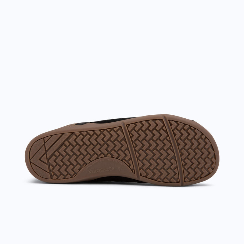 Xero Shoes Prio Suede - Men Shoe in Black With Outsole Facing Back and The Toe Facing Right.