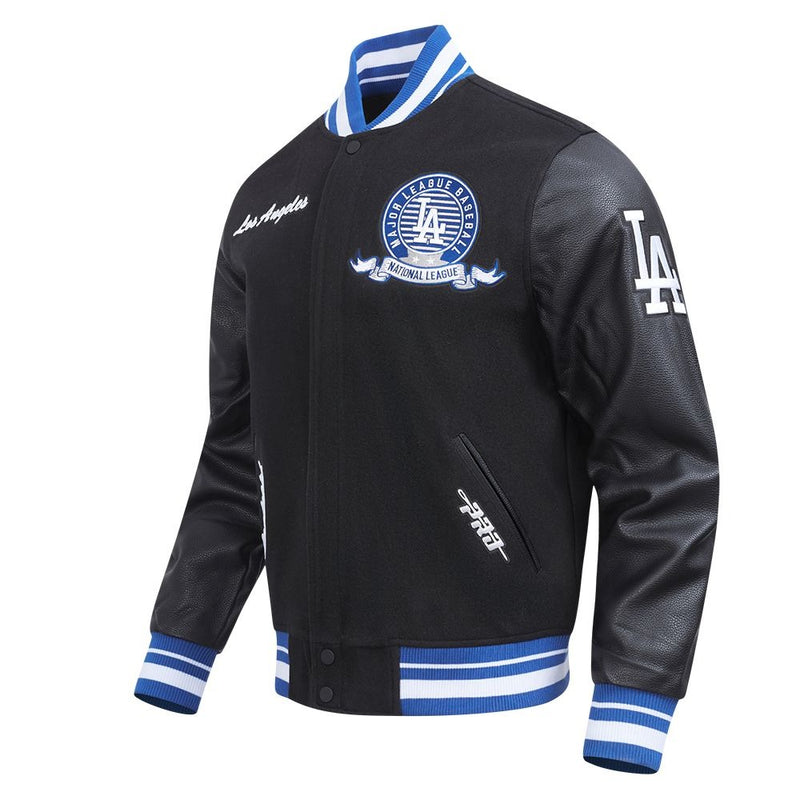 Front Right View of the LOS ANGELES DODGERS MEN'S VARSITY JACKET TEAM BADGE in Black