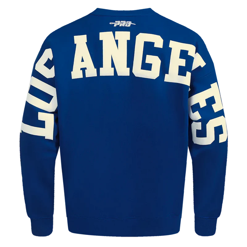 Back View of the PRO STANDARD MLB LOS ANGELES DODGERS WINGSPAN MEN'S DROP SHOULDER FLEECE CREWNECK in Blue