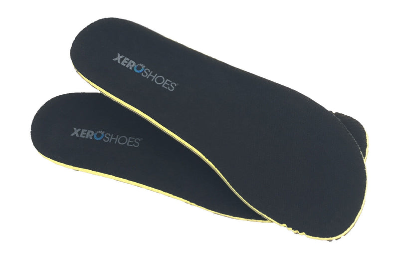 Xero Shoes Replacement Insoles Big Kids in Black with Yellow Trim and With Toe Facing Bottom Right